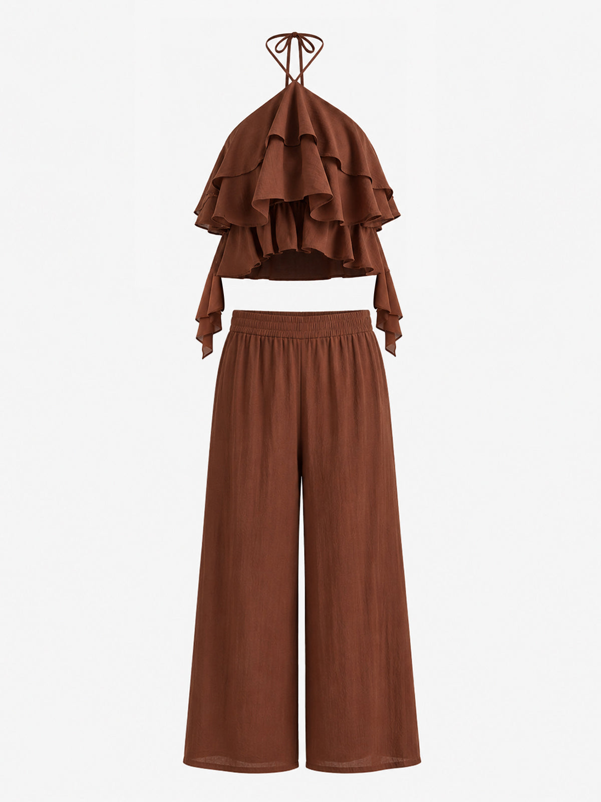 Linen Halter Ruffle Top Wide Leg Set