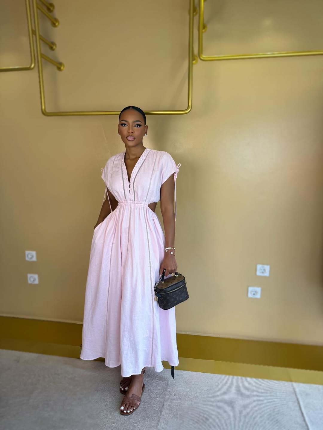 Linen V Neck Cut Out Midi Dress