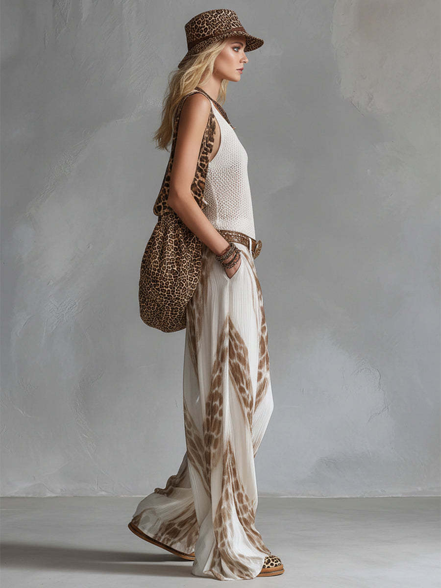Tie Dye Print and Pleated Design Wide Leg Pants