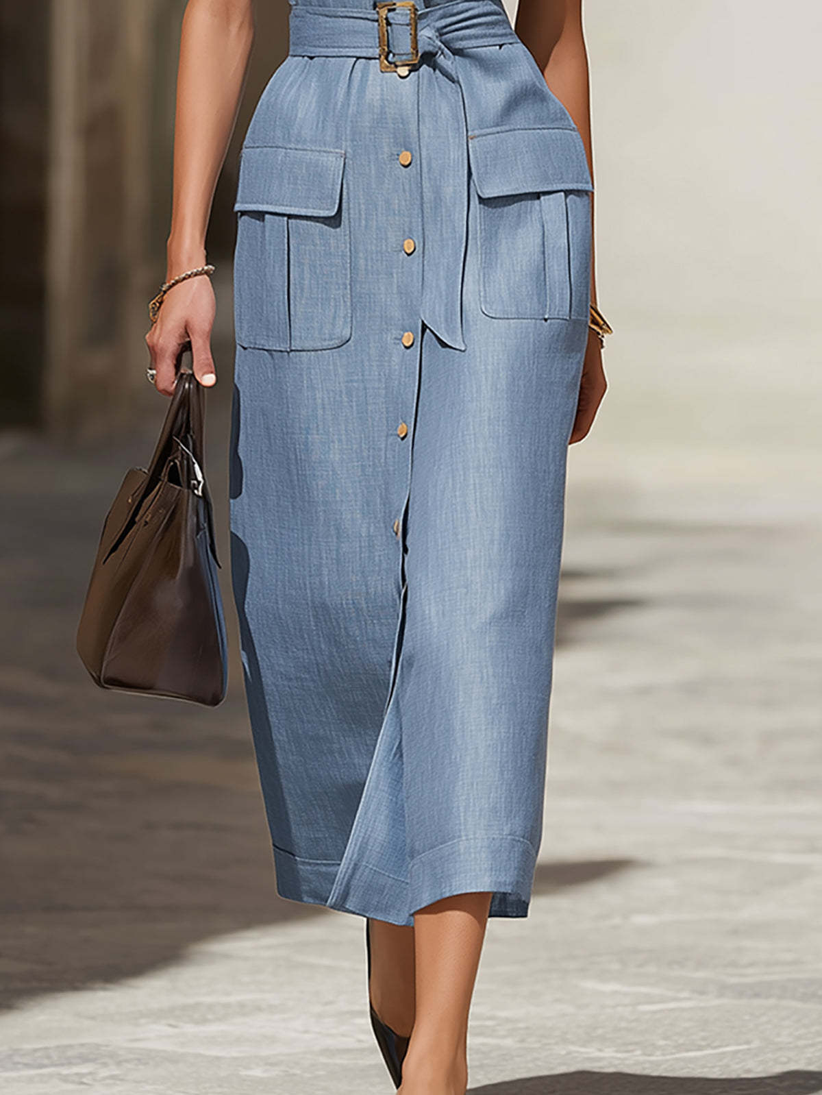 Denim Sleeveless Button-Down Midi Dress with Belted Waist and Pockets