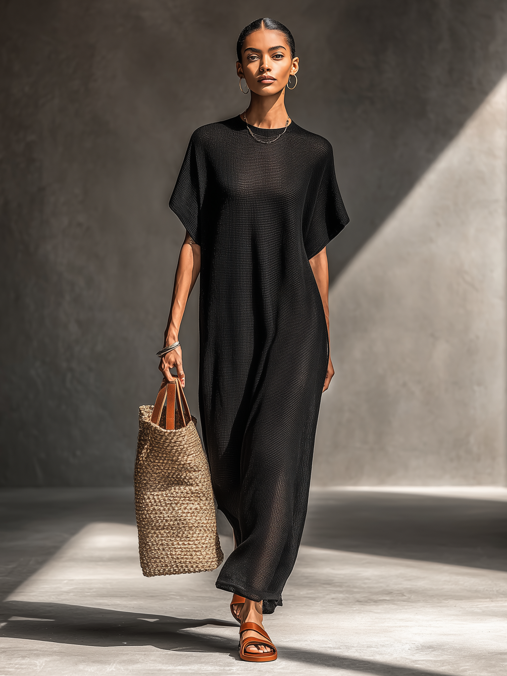 Knitted Cotton Maxi Dress with Loose Fit and Short Sleeve for Women
