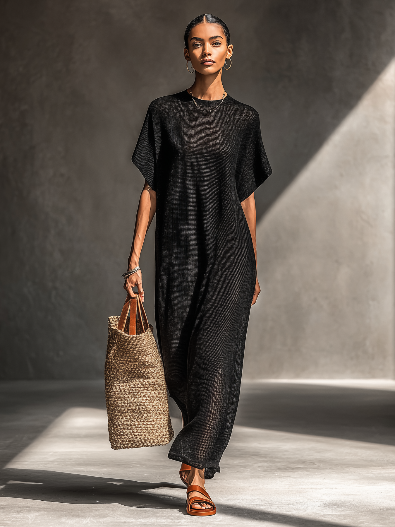 Knitted Cotton Maxi Dress with Loose Fit and Short Sleeve for Women