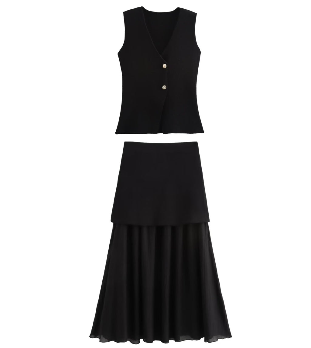 Wool Blend Knit Vest Midi Skirt Set