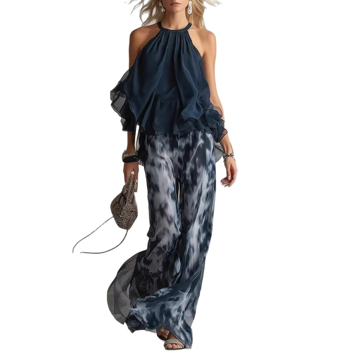 Halter Chiffon Top & Printed Pants Set