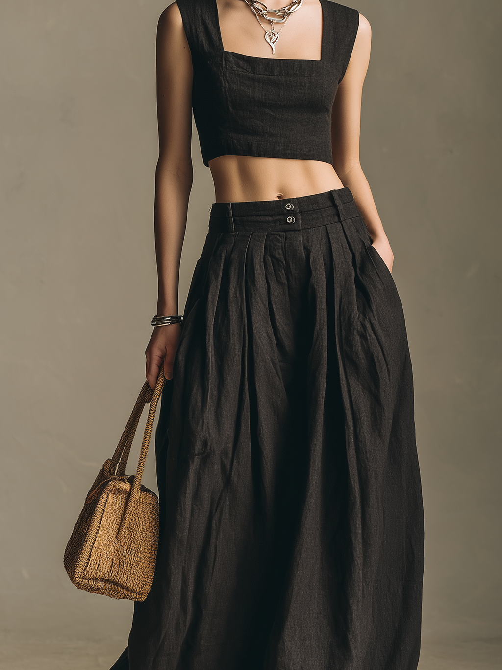 Linen Maxi Skirt with High Waist and Pleated Design - Flowing Black Long Skirt for Women