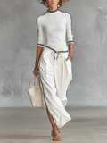 Cotton Blend White High Neck Long Sleeve Top with Side Stripes and Matching Wide Leg Pants Set