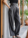 High-Waisted Wide-Leg Trousers in Polyester Fabric for Women - Comfortable and Stylish Everyday Wear