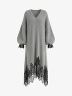 Lace Contrast Lantern Sleeve Knit Dress