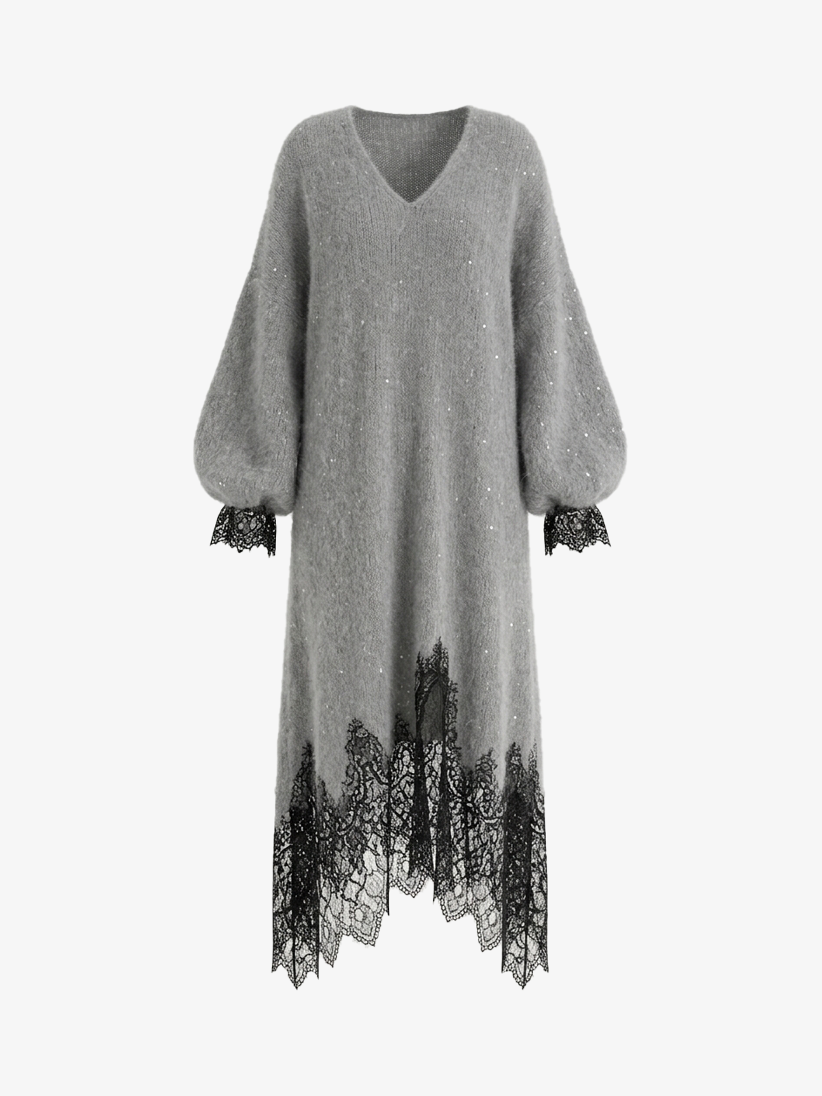Lace Contrast Lantern Sleeve Knit Dress