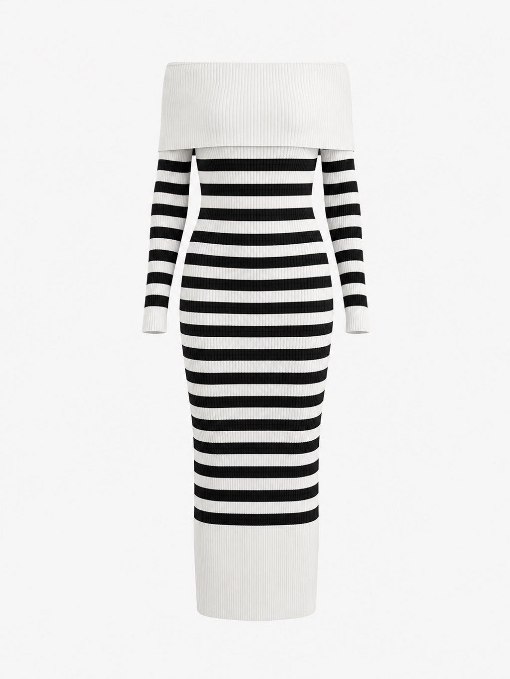 Off-Shoulder Stripe Midi Dress – Ribbed Knit Bodycon Slim Fit Casual Dress