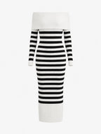 Vestido midi de rayas con hombros descubiertos – Vestido casual ajustado de punto acanalado