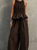 Conjunto de top peplum fruncido sin mangas de lino y pantalones de pierna ancha para mujer, estilo bohemio, ideal para el verano.