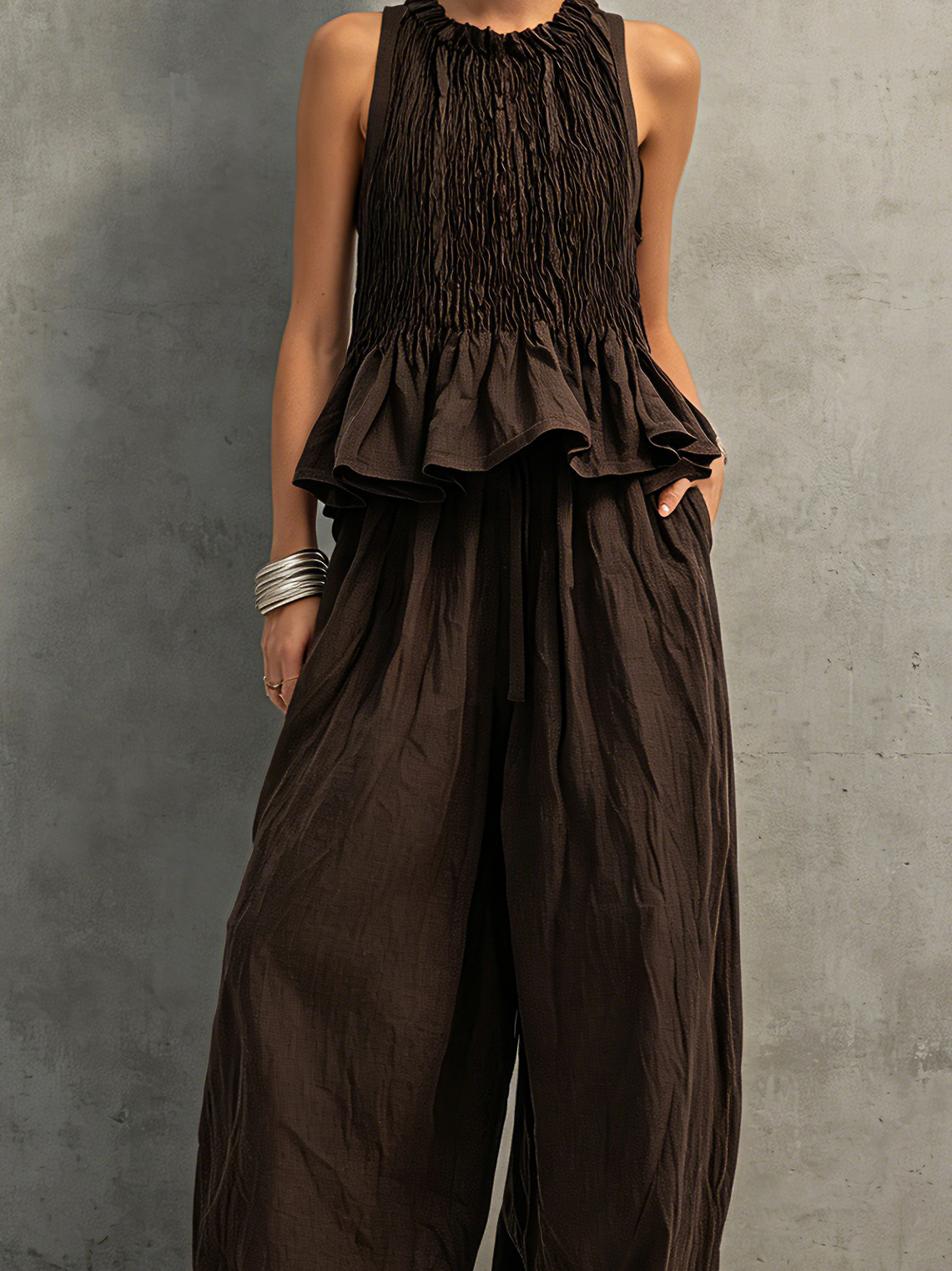Linen Sleeveless Ruched Peplum Top and Wide Leg Pants Set for Women Boho Style Summer Outfit