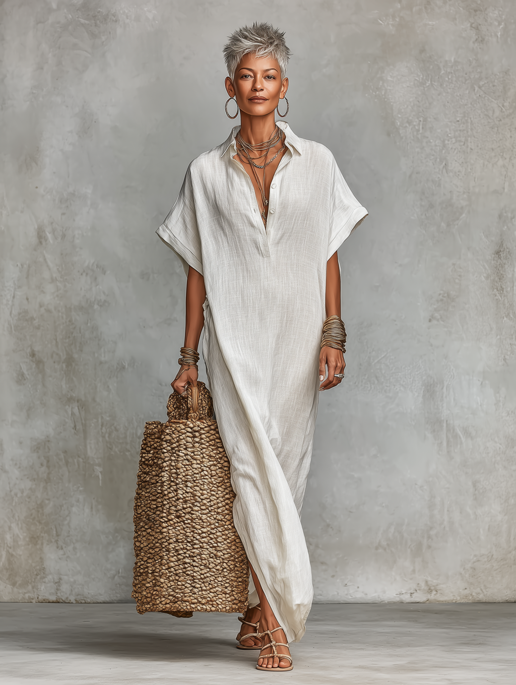 Linen Long Kaftan Dress for Women - Boho Summer Maxi Shift Dress with Button Front and Short Sleeves