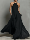 Black Linen Halter Maxi Dress with Flowing Skirt and Side Pockets