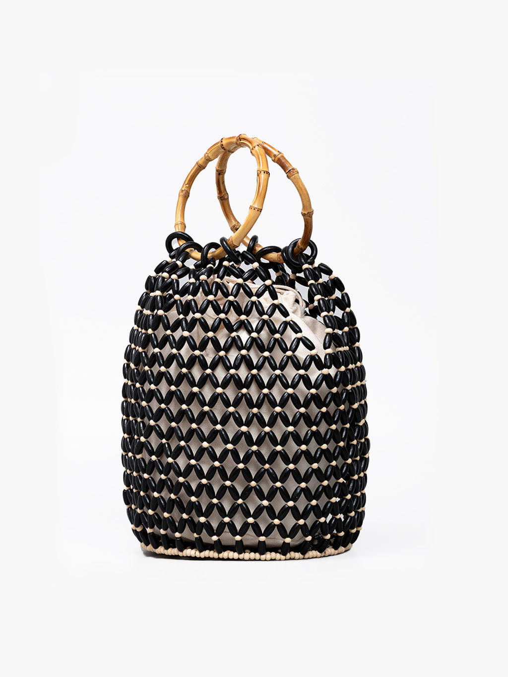 Handwoven Beaded Bucket Bag with Bamboo Handles