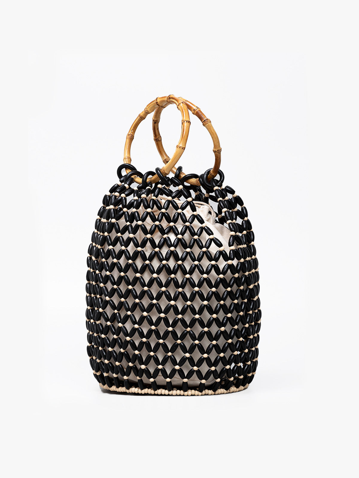 Handwoven Beaded Bucket Bag with Bamboo Handles
