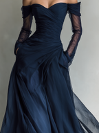 Chiffon-Off-Shoulder-Abendkleid, lang, mit transparenten Ärmeln und gerafftem Oberteil