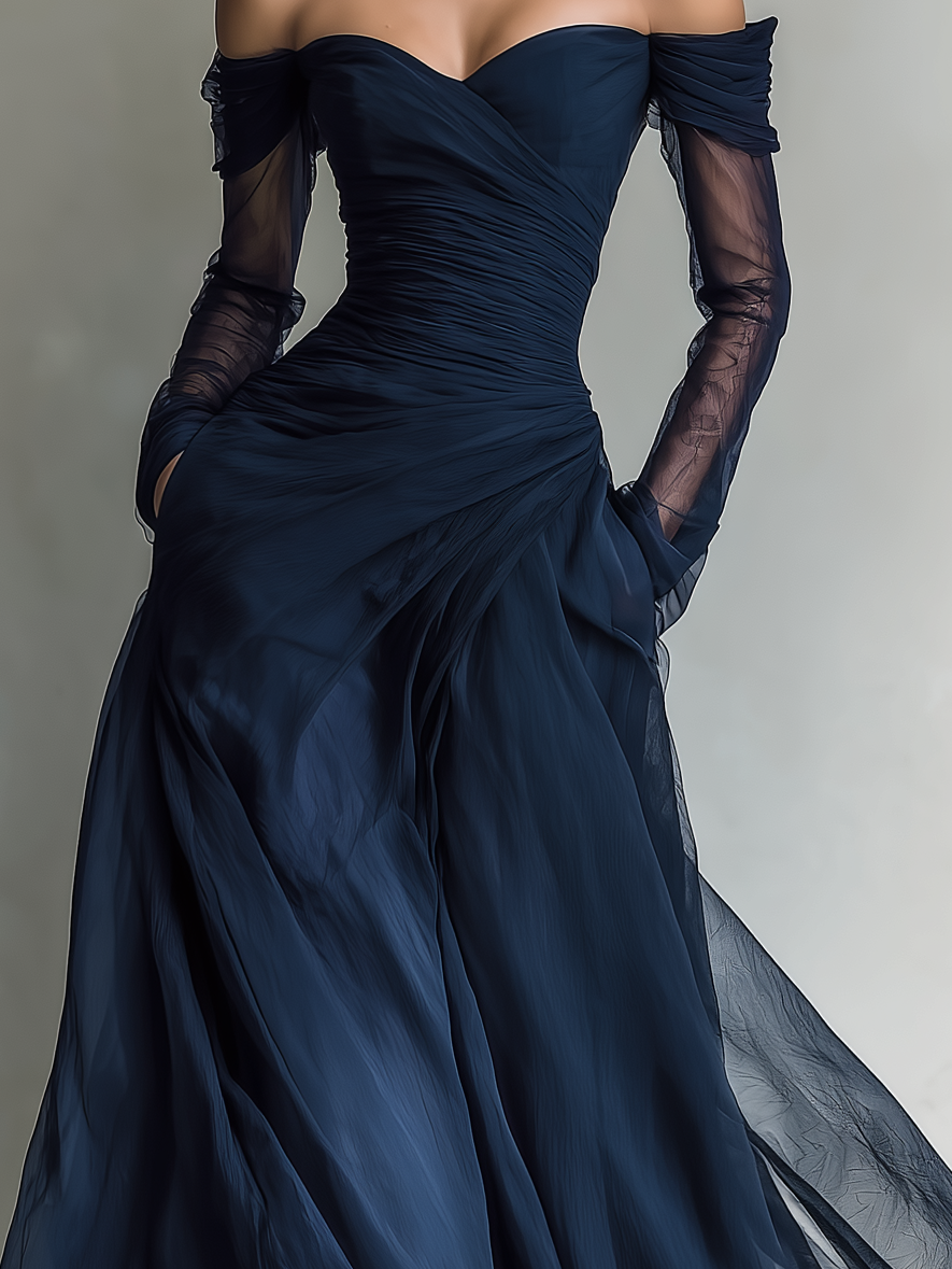 Chiffon Off-Shoulder Long Evening Gown with Sheer Sleeves and Ruched Bodice