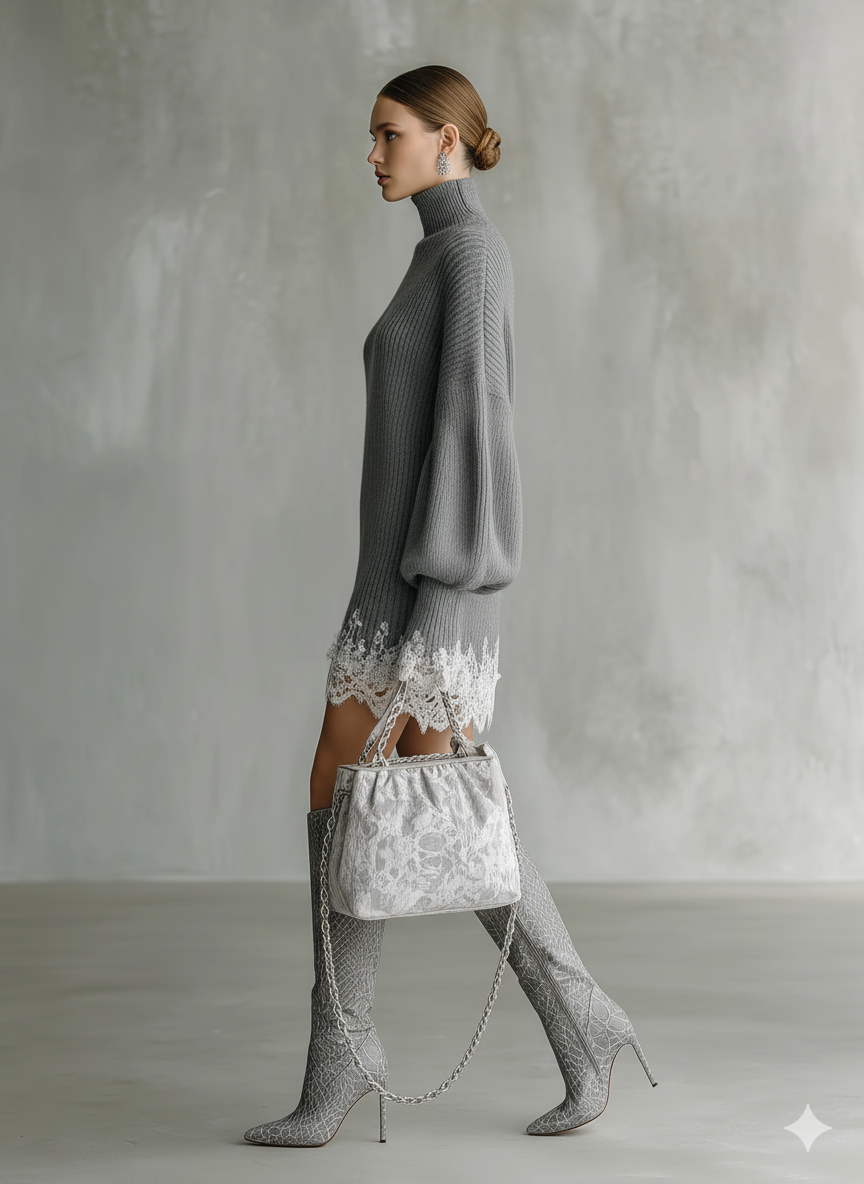 Cashmere Knit Lace Trim Turtleneck Sweater Dress for Women Oversized Long Sleeve Winter Fashion