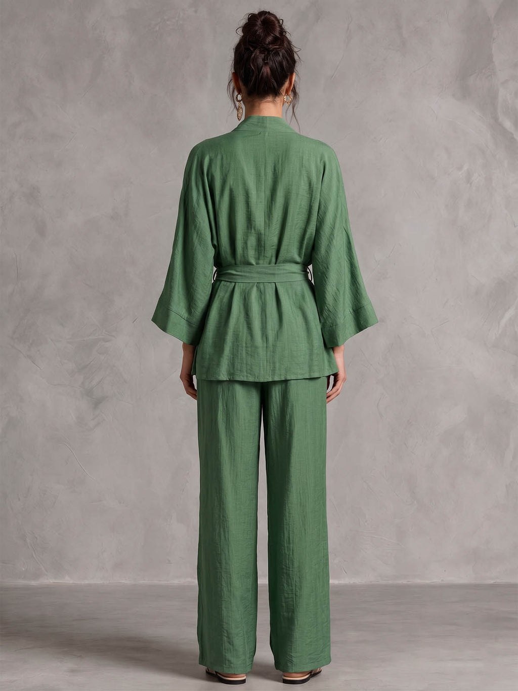Green Linen Wrap Top & Wide-Leg Pants Set