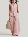 Linen Sleeveless Button-Up Top and Wide-Leg Pants Set for Women - Comfortable, Breathable, Casual Summer Outfit