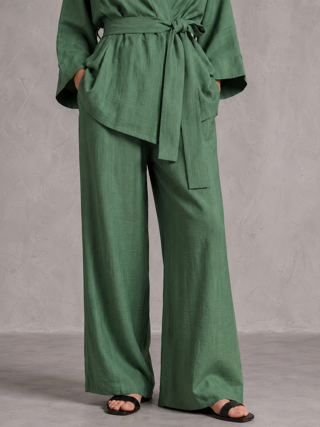 Green Linen Wrap Top & Wide-Leg Pants Set