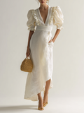 Linen V-Neck Wrap Midi Dress with Puff Sleeves and Ruffle Details