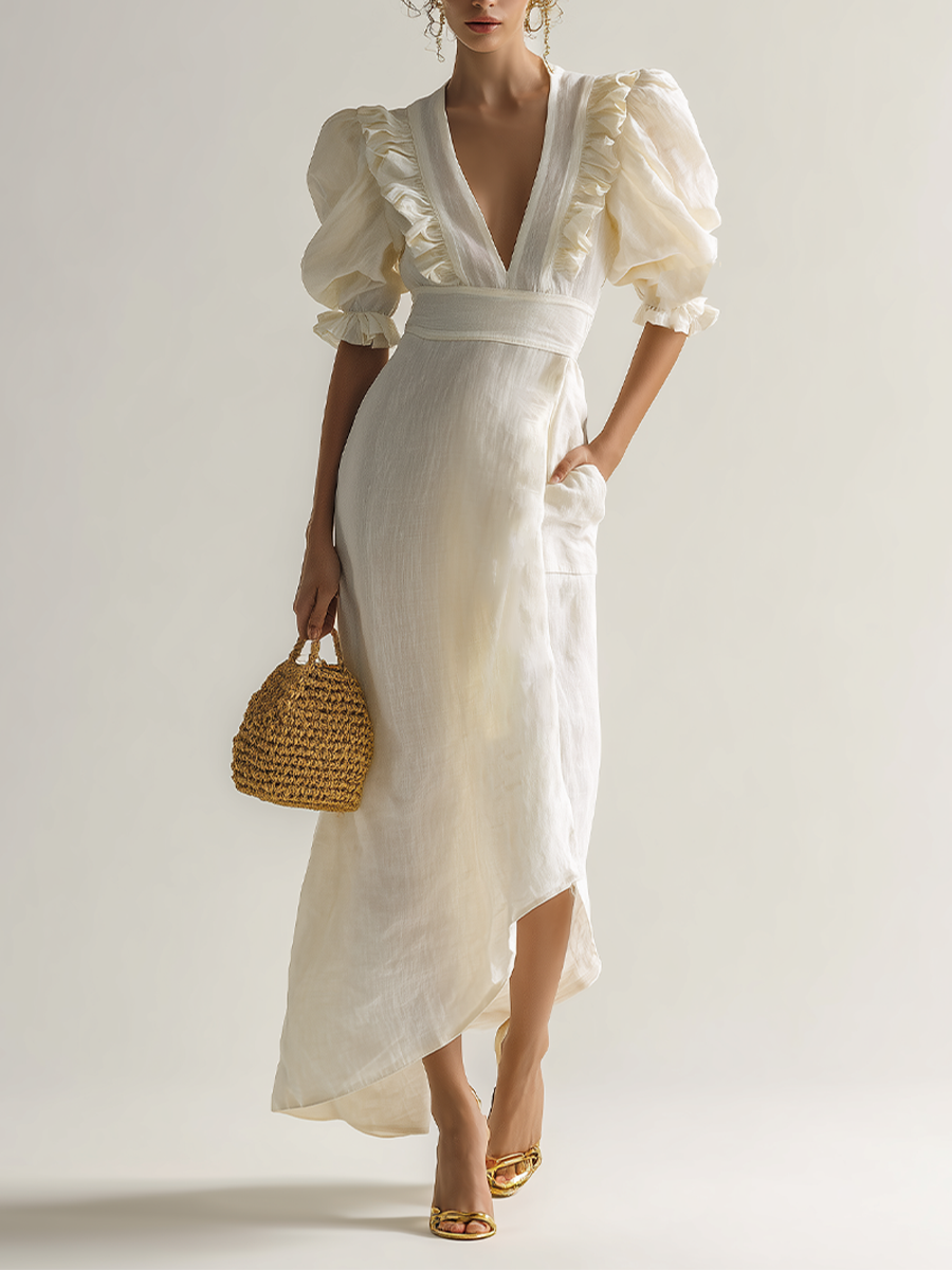 Linen V-Neck Wrap Midi Dress with Puff Sleeves and Ruffle Details