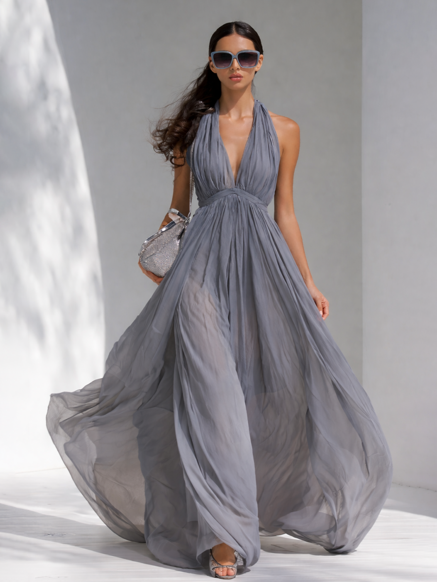 Chiffon Maxi Dress with Deep V-Neck and Halter Design for Elegant Evening Wear
