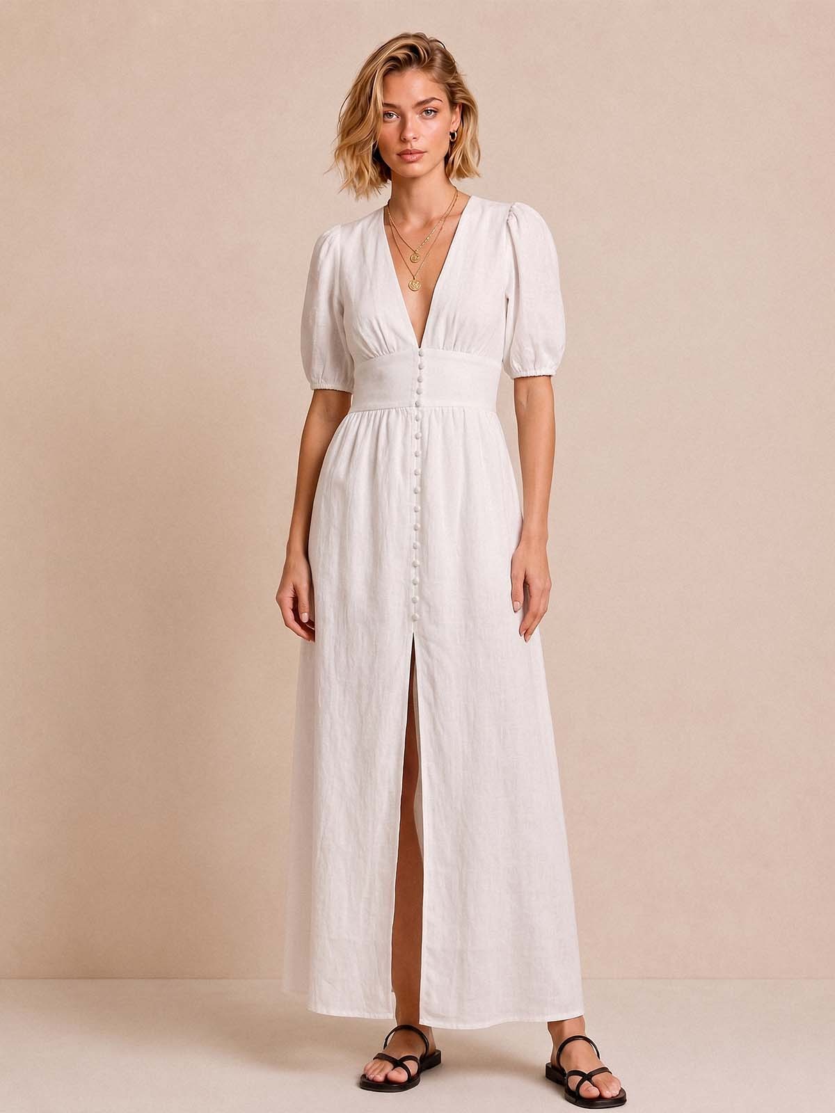 Deep V Puff Sleeve Maxi Dress