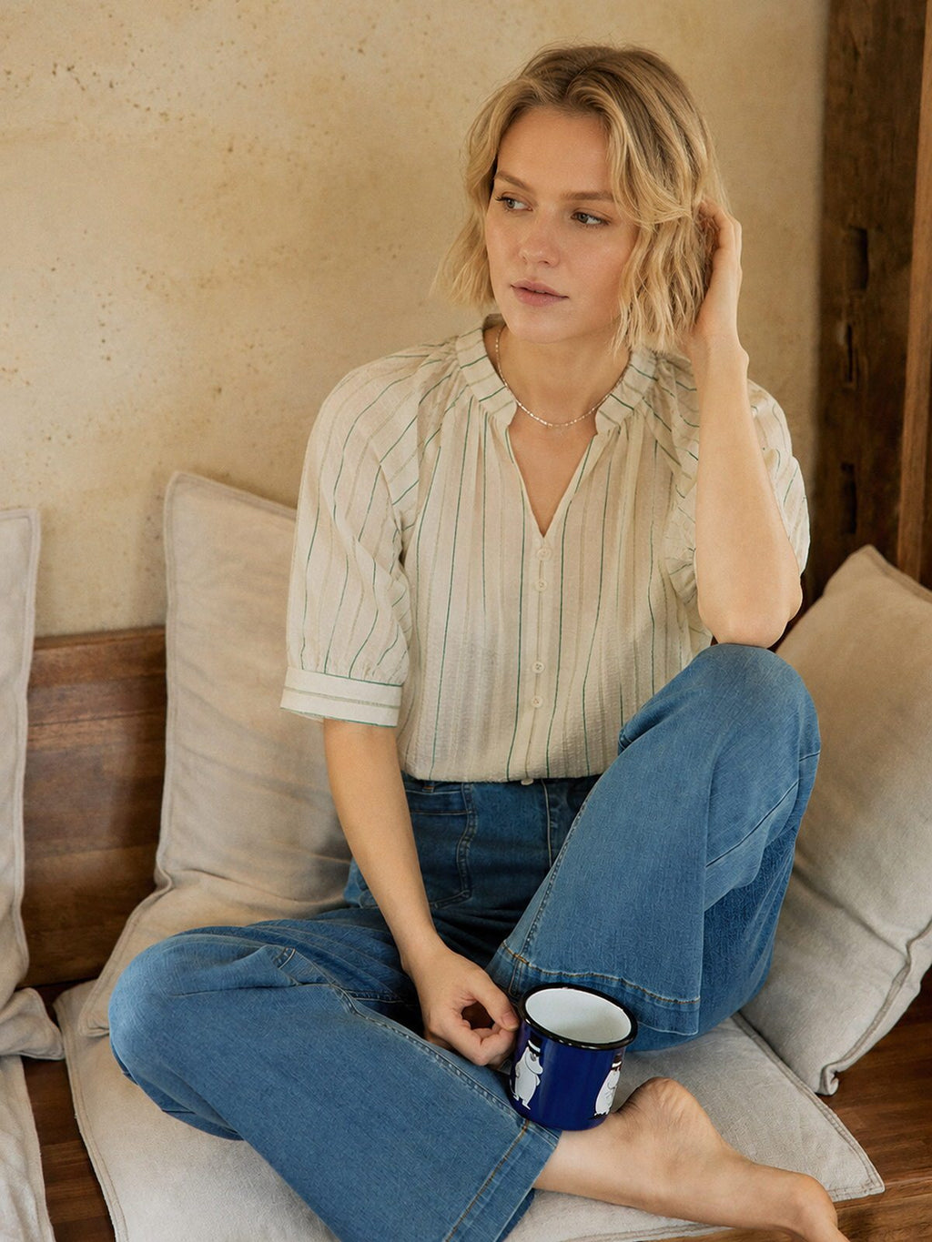 Stripe Band-Collar Blouse