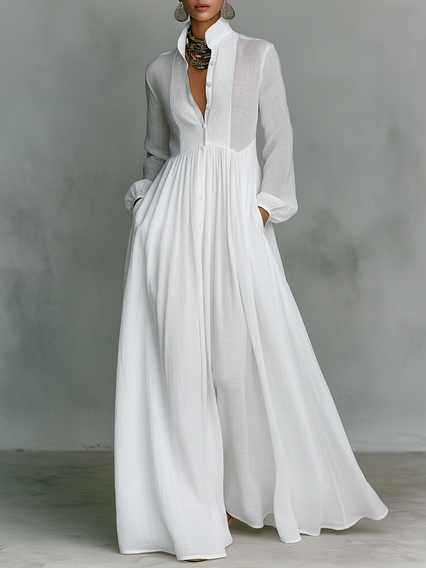 Linen Long Maxi Dress for Women with High Collar and Button Front - Flowy Boho Style White Summer Dress