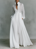 Linen Long Maxi Dress for Women with High Collar and Button Front - Flowy Boho Style White Summer Dress