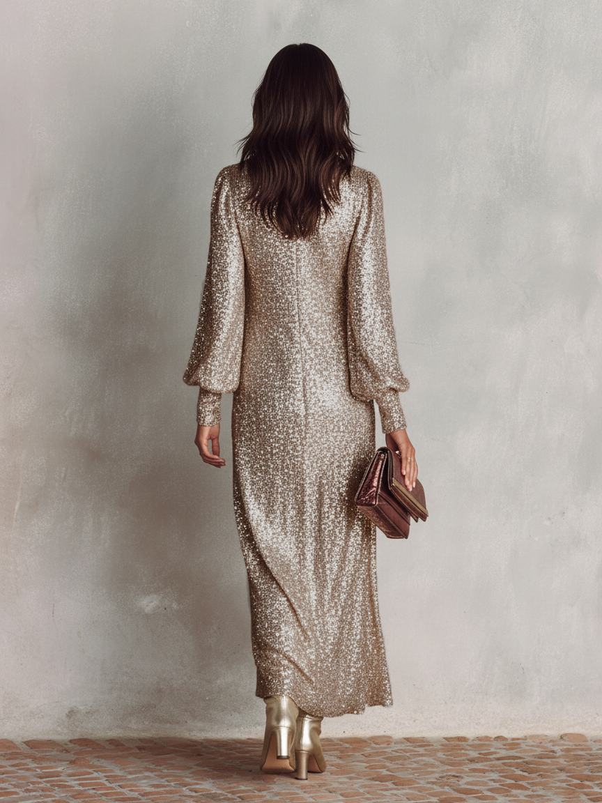 Sequin Maxi Dress with Flared Sleeves and Deep V-Neck for Women
