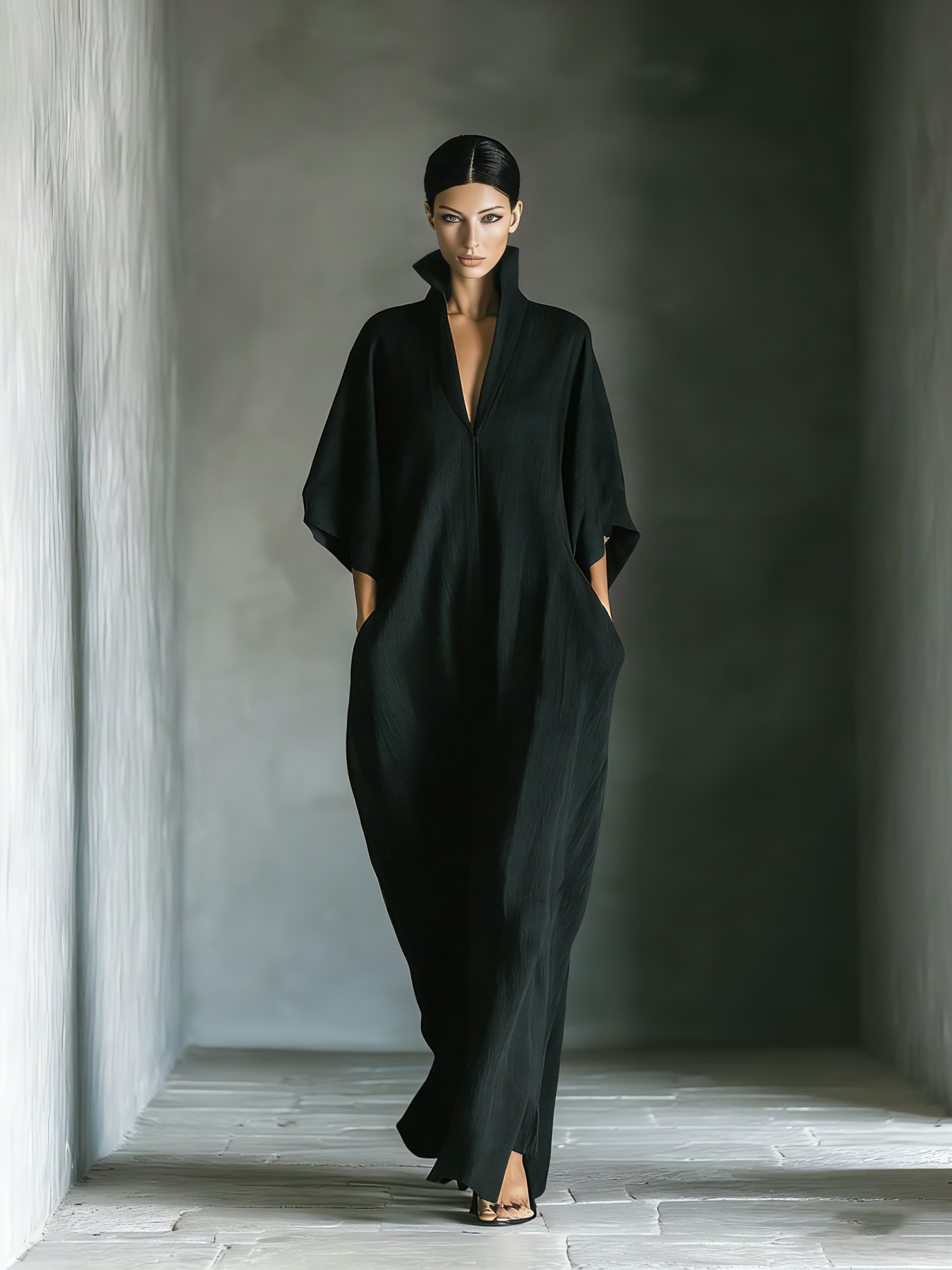 Linen Maxi Dress for Women - Elegant Long Flowy Cape Sleeve V-Neck Boho Style Black Robe Dress with Pockets