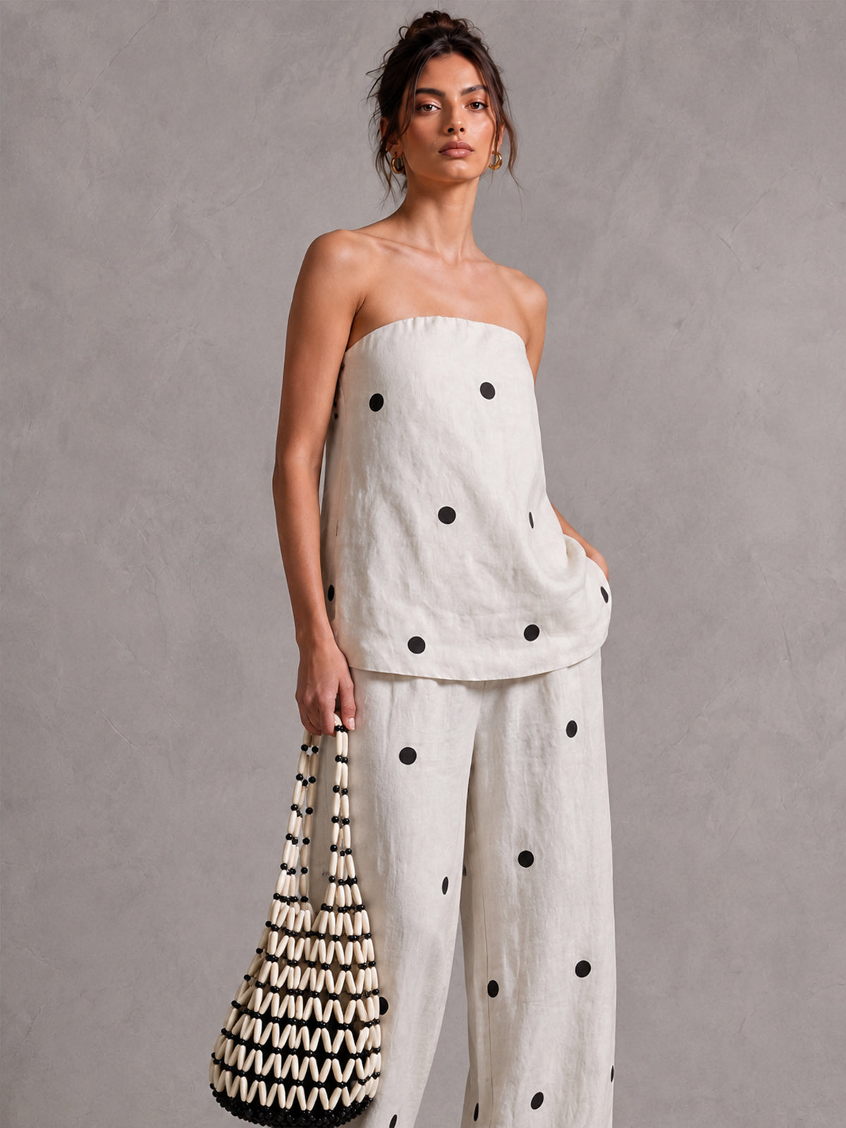 Linen Polka Dot Strapless Top & Wide Leg Pants Set