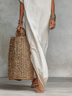 Langes Kaftankleid aus Leinen für Damen - Boho Sommer Maxikleid mit Knopfleiste und kurzen Ärmeln