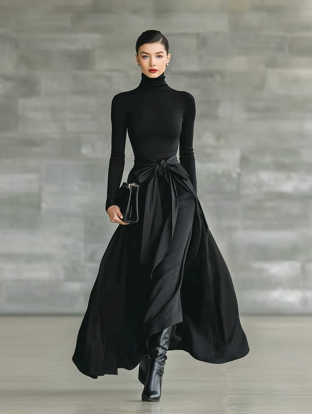 Silk Satin High-Low Maxi Skirt with Bow Belt and Turtleneck Top Set