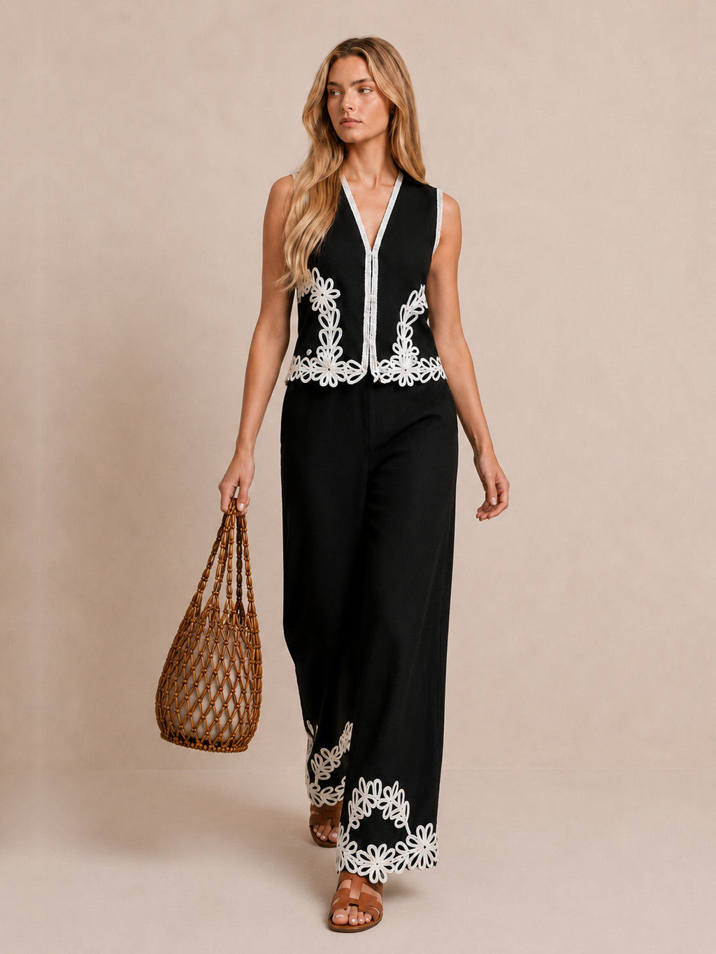 Floral Embroidered Vest & Wide Leg Pants Set