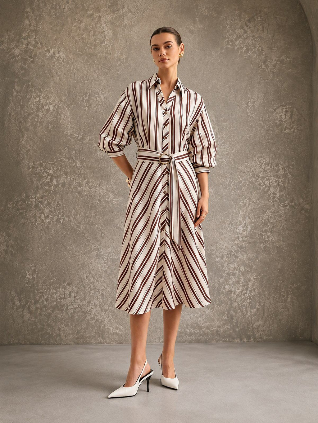 Stripe Belted Midi Shirt Dress