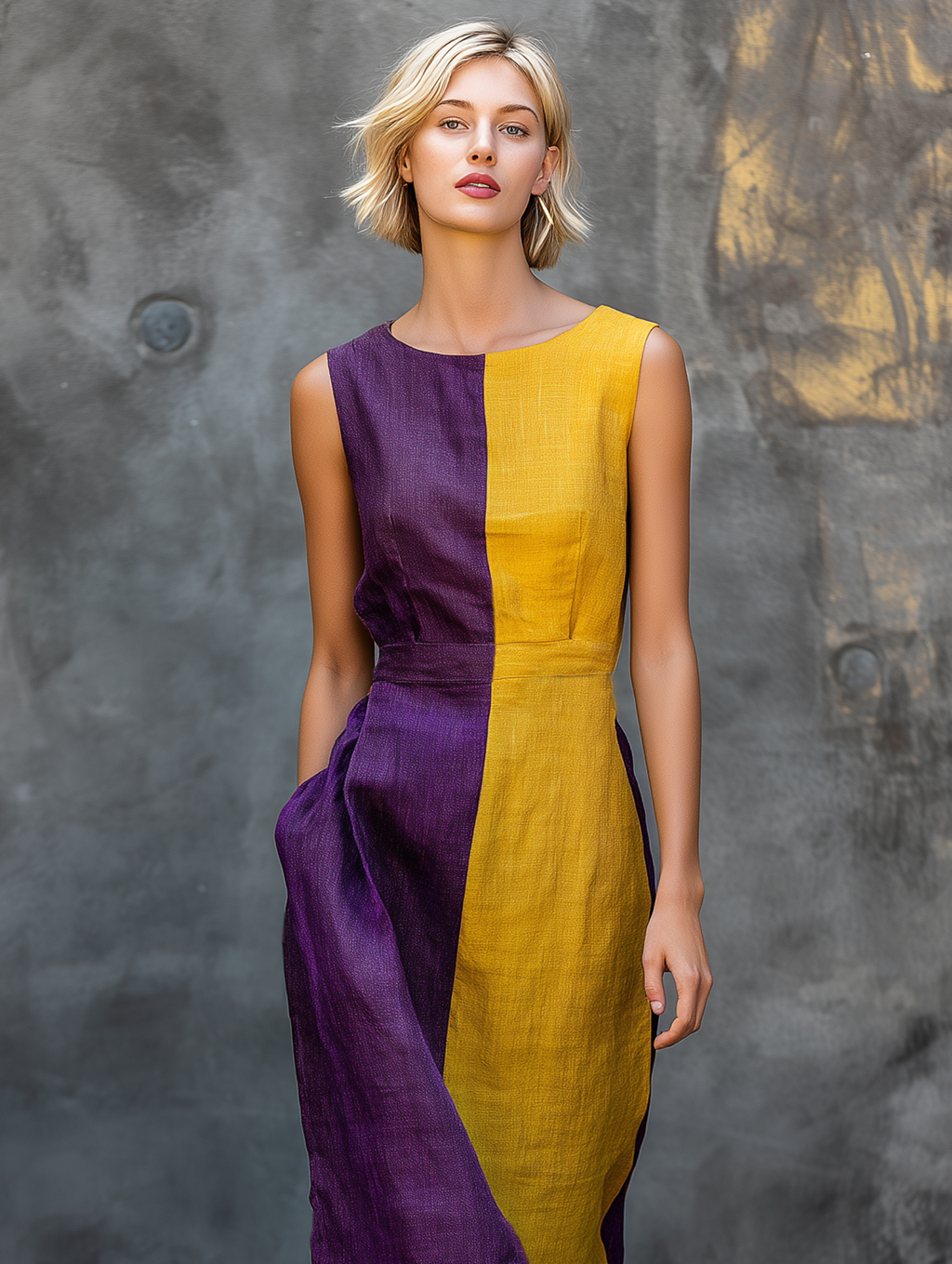 Linen Color-Block Sleeveless Midi Dress with Asymmetric Hem and Side Pockets