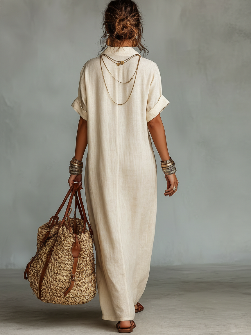 Linen Maxi Dress with Embroidered V-Neck and Pocket Detail