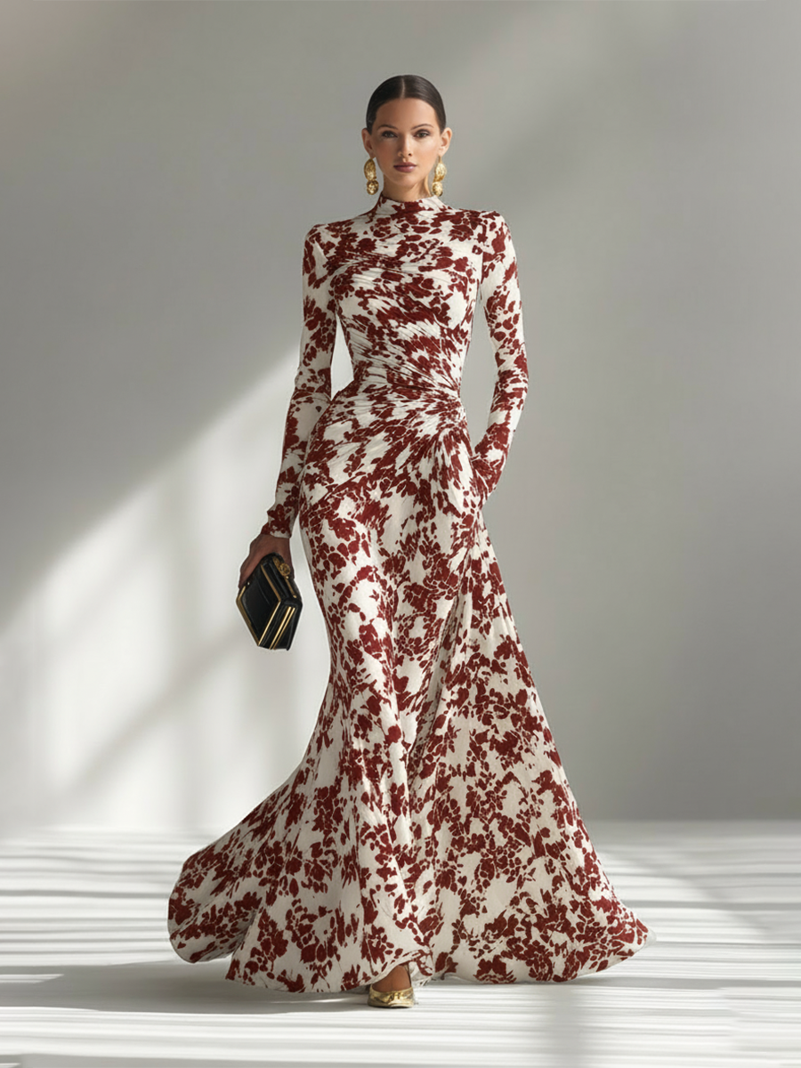 Elegant Black and White Floral Print Long Sleeve Mermaid Gown in Stretch Crepe Fabric for Formal Events