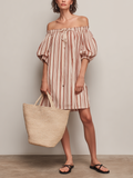 Cotton Striped Off-Shoulder Dress with Puff Sleeves and Drawstring Neckline