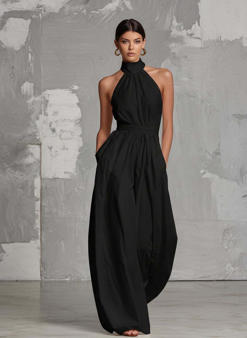 Cotton Linen Halter Neck Jumpsuit with High Waist and Wide Leg Design for Women