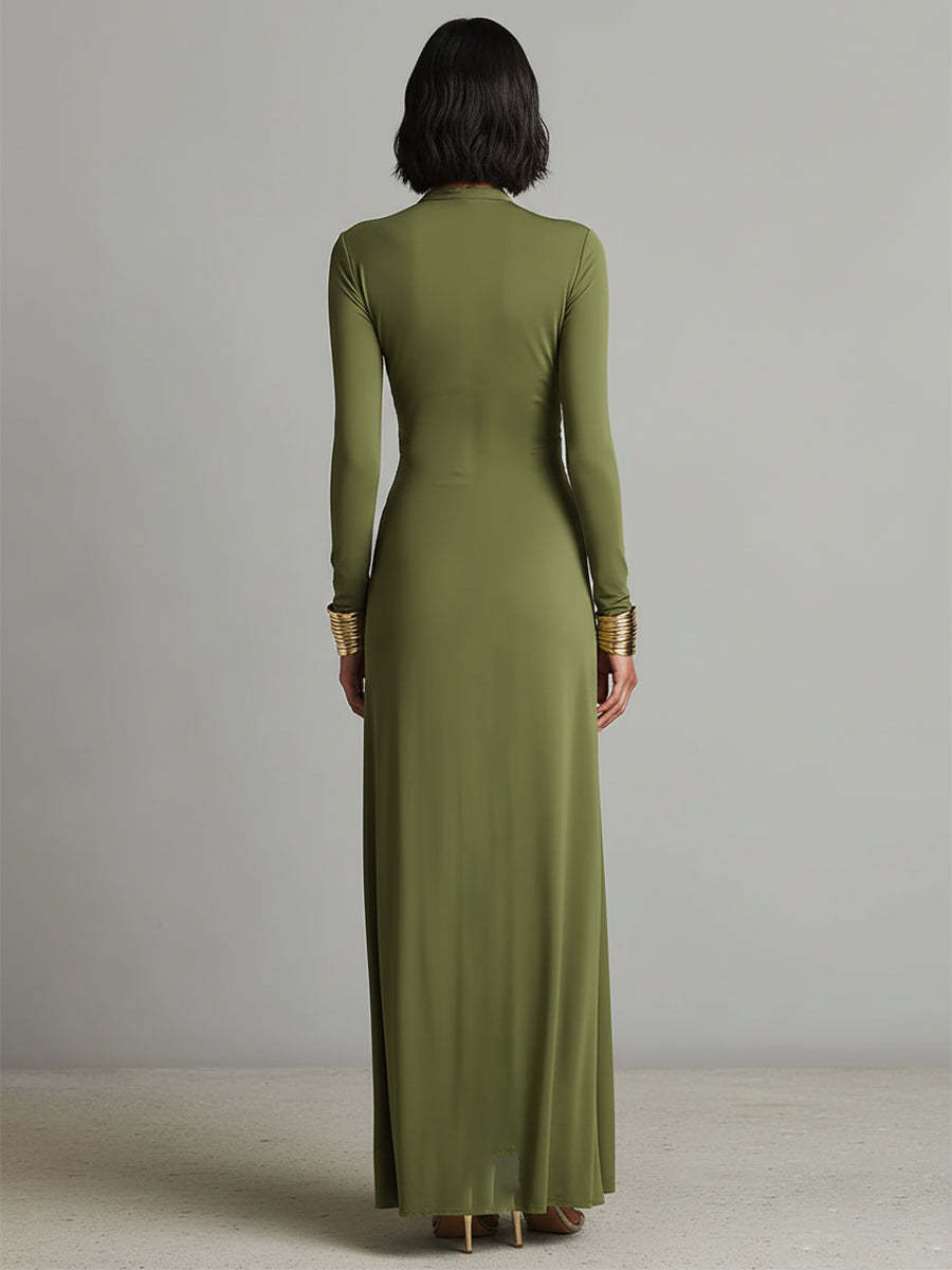 Silk Long Sleeve Draped Maxi Dress with Deep V-Neck and Front Twist Detail