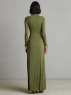 Seidenmaxikleid mit langen Ärmeln, drapiertem Dekolleté und Wickeldetail an der Vorderseite