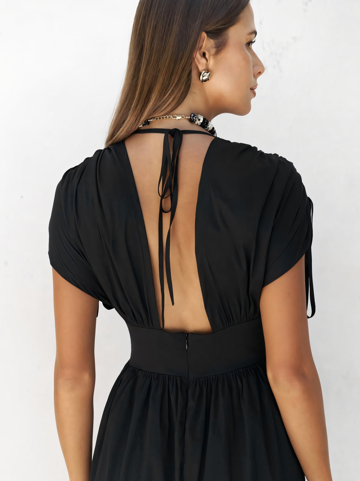 Deep V Neck Lace Up Backless Midi Dress