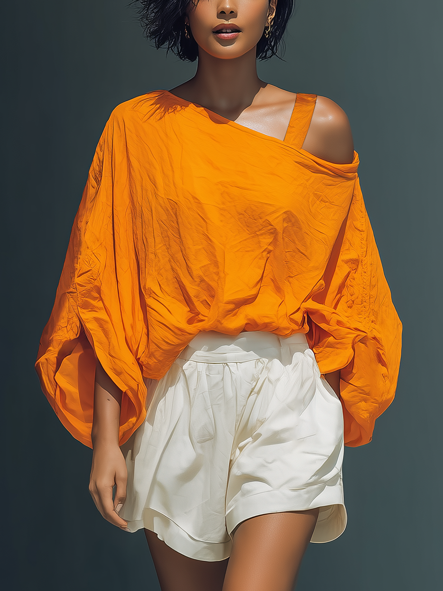 Cotton Blend Asymmetrical Off-Shoulder Top with Flowy Sleeve for Women
